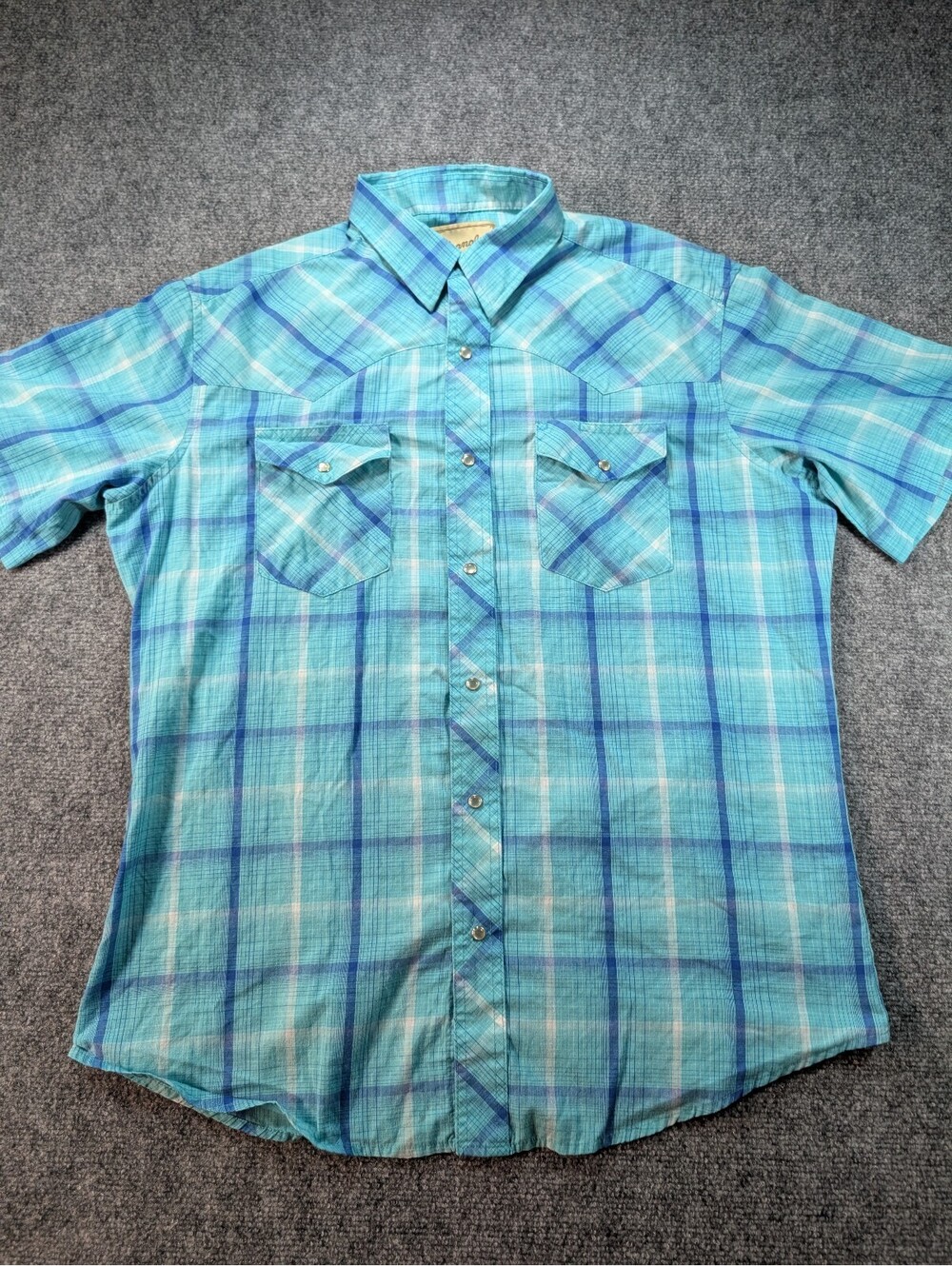 Wrangler Western Shirts Men Large Plaid Pearl Snap Short Sleeve Turquoise Blue